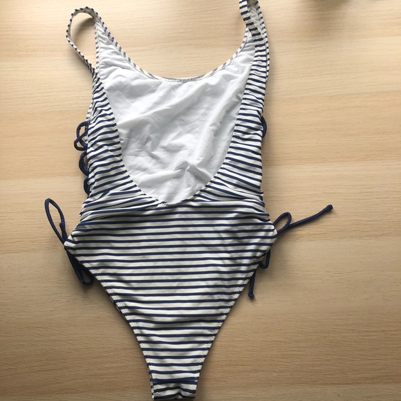 Blue & White Striped One Piece Bikini - Picture 2 of 3